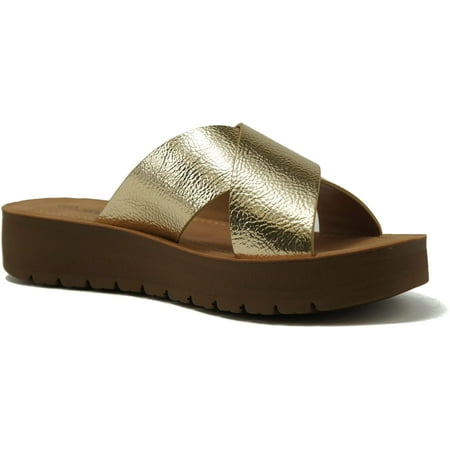 

Soda Shoes Women Sandals Crisscross Strap Band Flatform Platform LUCY-S Gold 7.5
