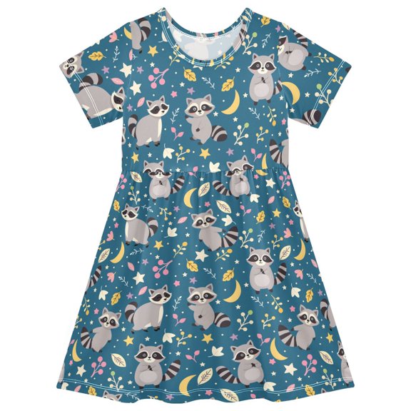 FORMRS Girls Short Sleeve Dress Summer Casual Round Neck A-line Beach Sundress, Sizes 2T-8T, Blue Raccoon Star Pattern