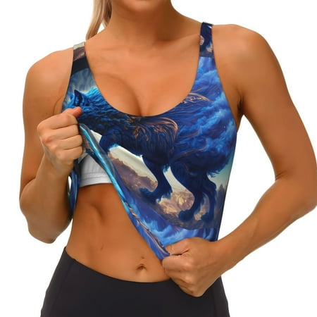 Qokaie Moonlit Blue Wolf Pattern Womens Scoop Neck Sports Bra Breathable Workout Vest Padded U Back Medium Impact Fitness Gym Yoga Bra Workout Crop Top