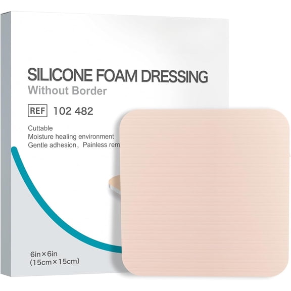 Silicone Foam Dressing Without Border - 6"x 6" Highly Absorbent Adhesive Bandages for Wounds Cuttable Pads for Wound Care (5 Pack)