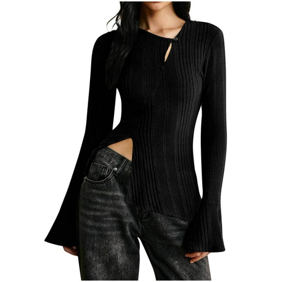 Chiccall Women's Fall Knit Ribbed Shirt Bell Long Sleeve Button V Neck Side Slit Slanted Hem Cute Sweater 2025 Trendy Casual Slim Fit Textured Blouse Tops