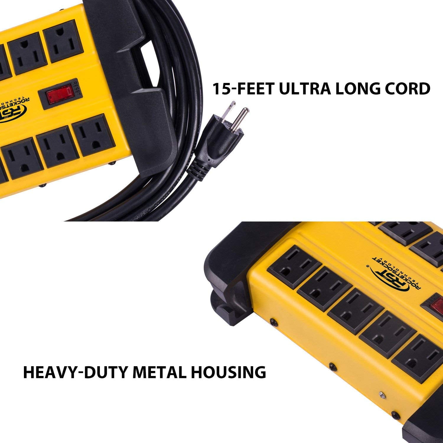 CRST 10 Outlets Metal Power Strip Heavy Duty Surge Protector 2800 Joules with 15FT Long Extension Cord for Workshop Office Garage Kitchen, ETL Listed