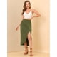 thumbnail image 3 of Falda larga con pliegues y abertura lateral Allegra K Verde oliva XL, 3 of 6