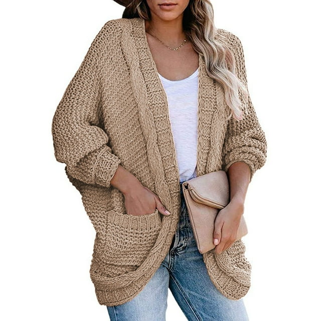 Women Open Front Long Sleeve Chunky Knit Cardigan Sweaters Outwear with Pockets
