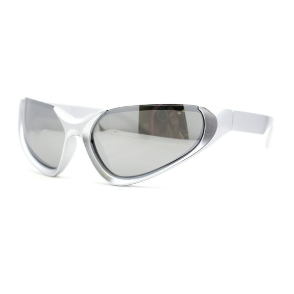 High Fashion Cropped Top 90s Sports Style Wrap Around Plastic Sunglasses Silver Mirror