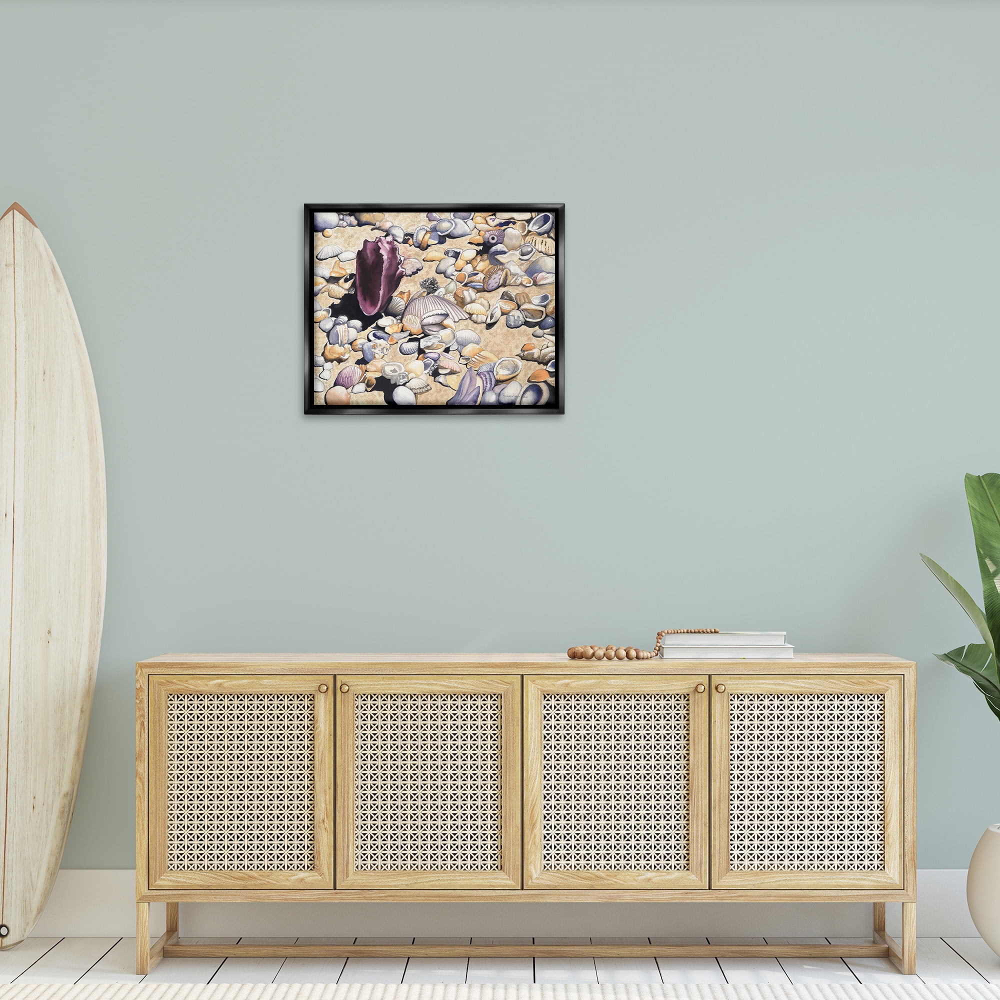 Stupell Industries Various Seashells on Coast Landscape Painting Black Floater Framed Canvas Art Print Wall Art, 31 x 25