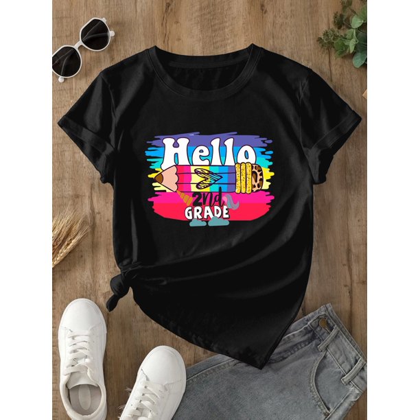 Girls' Hello 2nd Grade Back to School T-Shirt - Red Classroom Graphic Tee with Paint Splash, Non-See Through Knit Top for School Events, Birthday Parties - Easy Care Round Neck Shirt for Young Girls