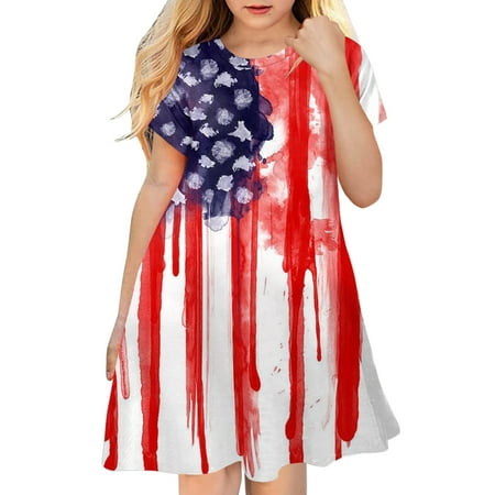 

GWAABD Swing Dress for Girls Red Polyester Independence Day for Children toddler 4th of July 3D Graphic Printed Girls Short Sleeve Kids Casual Soft Party Princess Dress 100