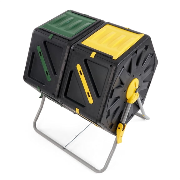 Dual‑Chamber Compost Tumbler, 2 x 18.5 Gallon (70L) Rotating Outdoor Composter Bin, Easy‑Turn Aerating Compost Barrel with 2 Sliding Access Doors, Heavy‑Duty Waste Composter for Backyard Garden