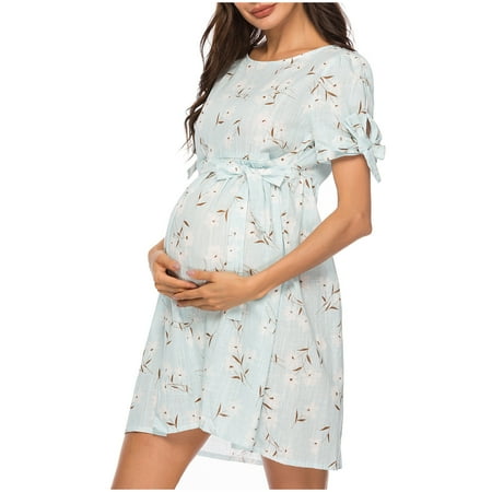 

QIPOPIQ Maternity Dress Clearance Ladies Fashion Little Flower Print Frenulum Short Sleeve Maternity Zipper Breastfeeding Clothe Dress