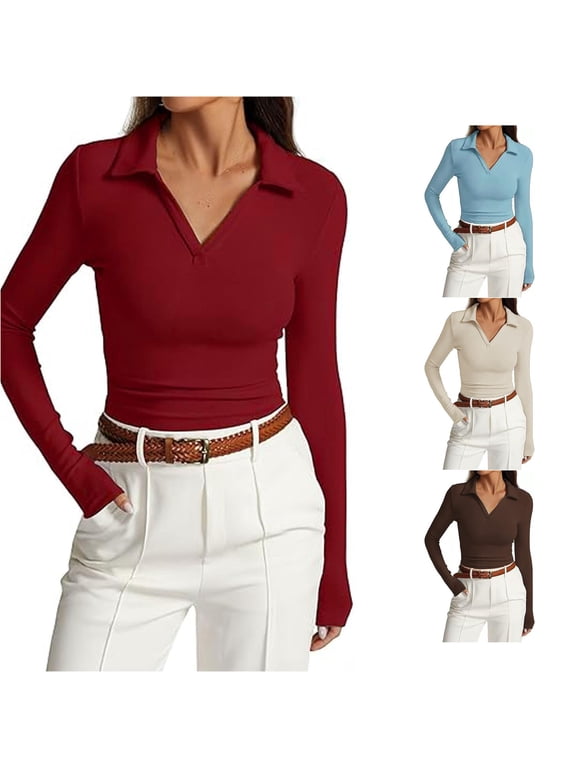 Women's Long Sleeve V Neck Slim Fit Casual Basic Pleated Top T Shirt Compression Shirt Women