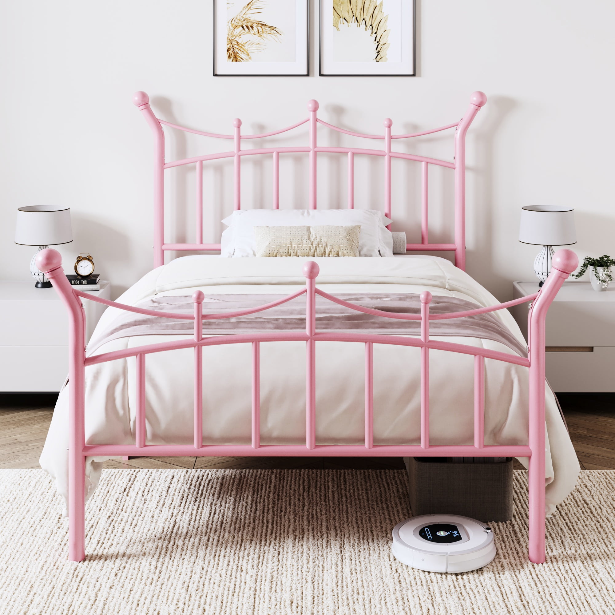 Allewie 14 Inches Twin Size Metal Platform Bed Frame with Elegant Crown Headboard & Footboard, Sturdy Mattress Foundation with Under-Bed Storage, Easy Assembly, No Box Spring Needed, Pink