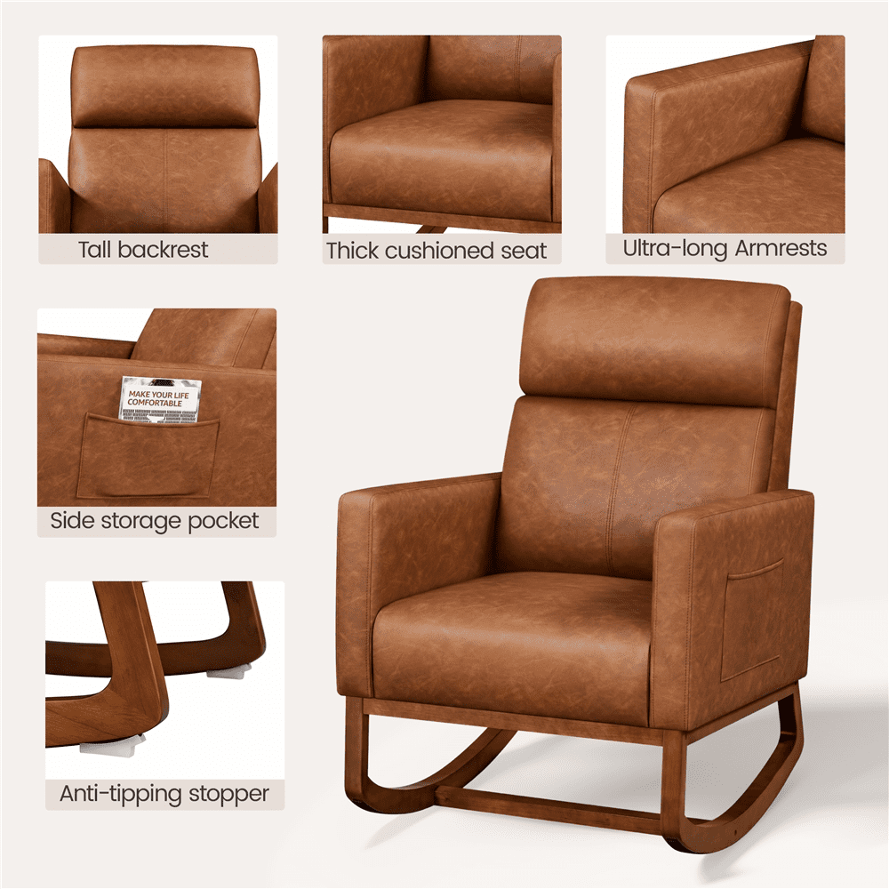 Yaheetech Faux Leather Upholstered Rocking Chair, Brown