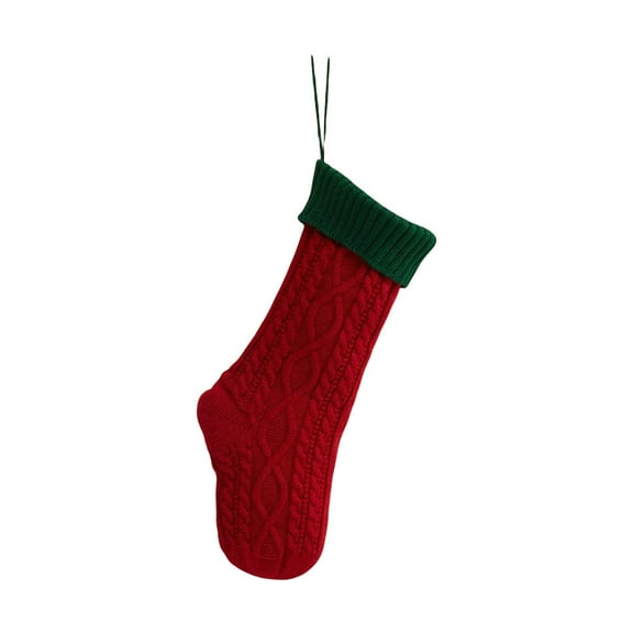 A Red And Green Knit Christmas Stocking With Lanyard Classic Festive Holiday Decoration For Fireplace Gift Bag Wall Hanging Xmas Ornament 18X7Inch