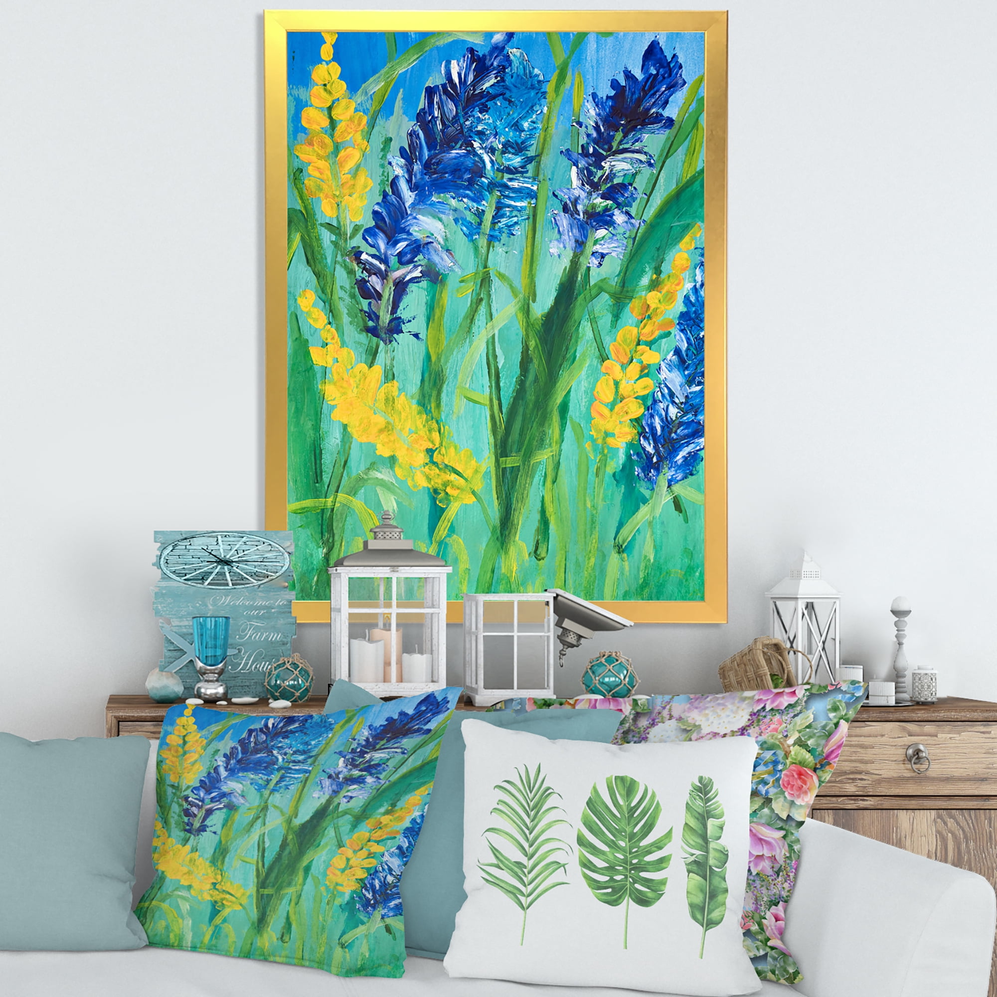 Designart 'Yellow and Blue Wild Flowers and Grass Gouache' Traditional Framed Art Print