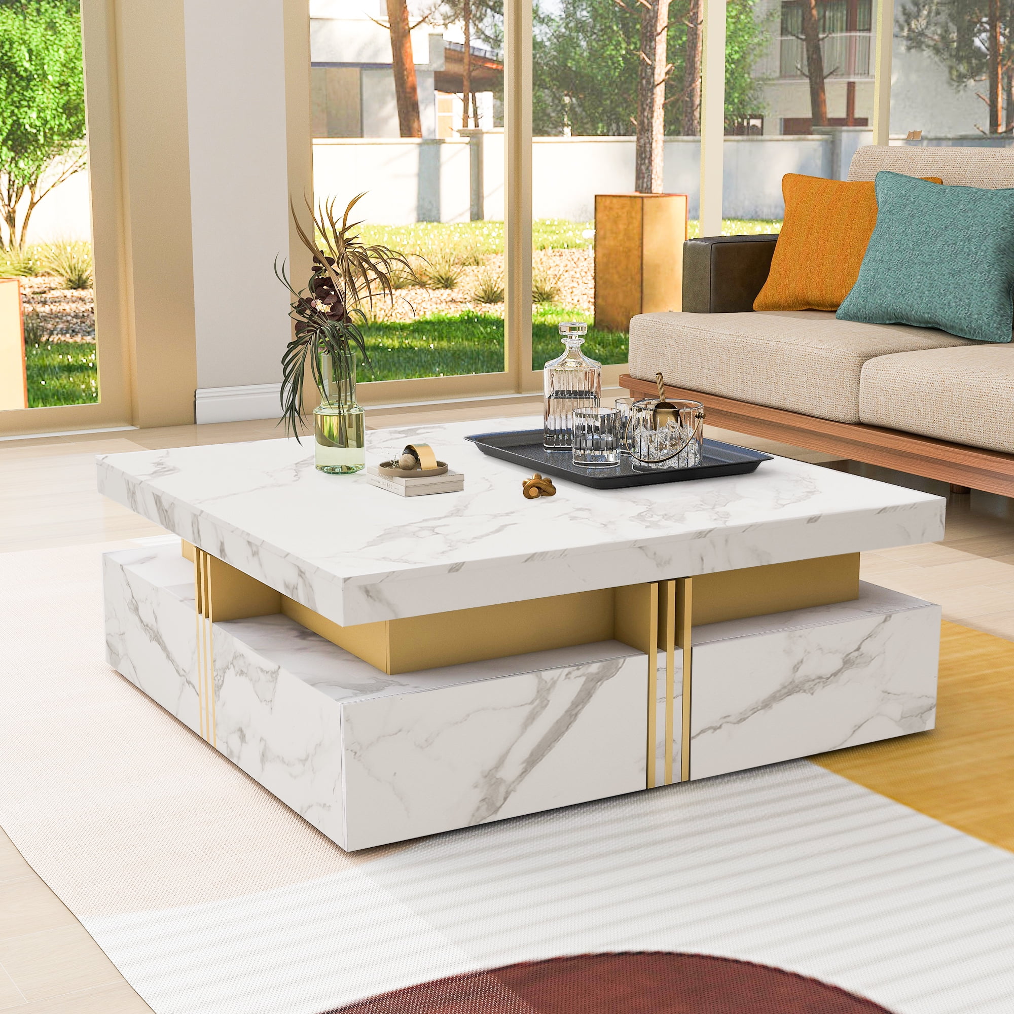 Euroco Modern White Square Storage Coffee Table with 4 Drawers