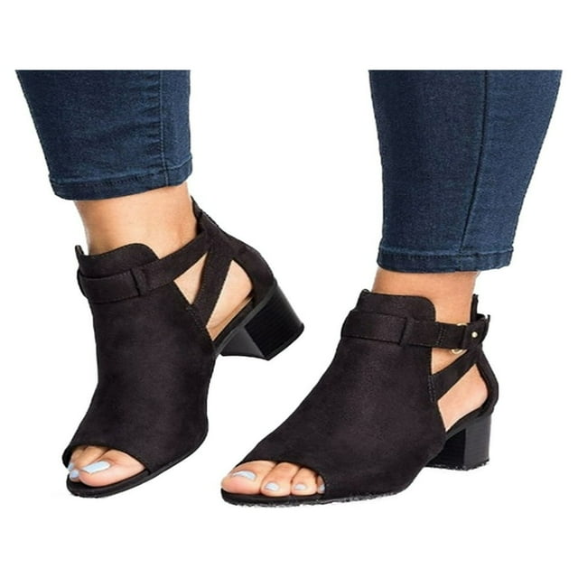 Women Buckle Peep Toe Low Block Heel Ankle Booties Boots Sandals Shoes Size