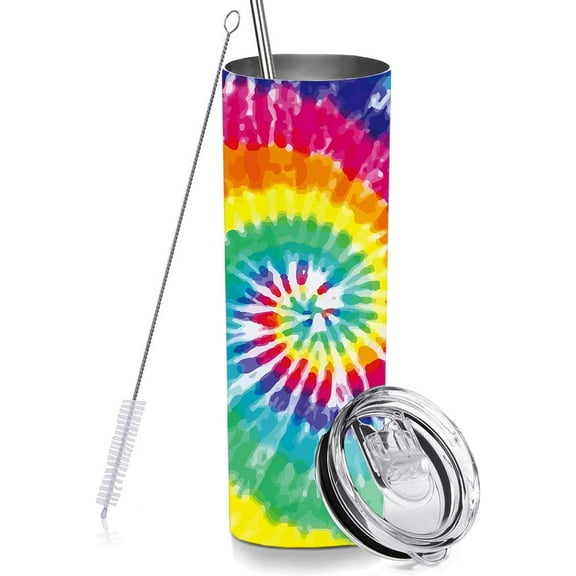 Tie Dye Skinny Tumblers with Lids and Straws, Colorful Rainbow Stainless Steel Vacuum Insulated Double Wall Travel Tumbler Cups 20 OZ for Men Women