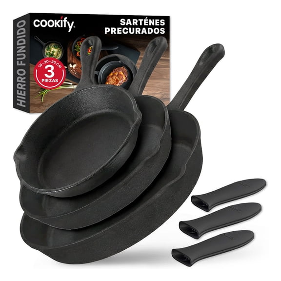 Set 3 Sartenes de Hierro Fundido con Funda de silicón Cookify (Negro, 15.3cm, 20.4cm y 25.4cm)