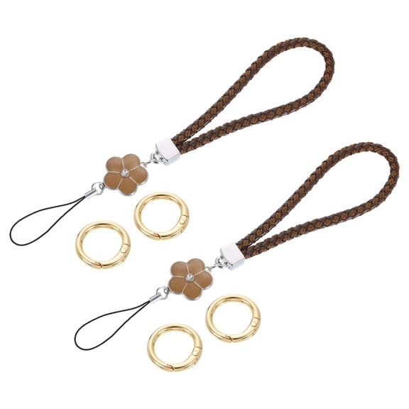 2Pcs Wristlet Lanyards, 4.7" Leather Keychain Strap with Flower Charm, Brown