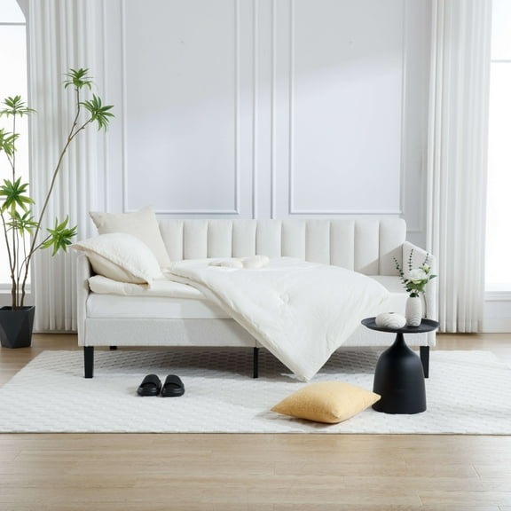 Elena Twin Size Ivory Boucle Upholstered Daybed, Ribbed Tufted Backrest, Daybed in Lavish Modern Design, Richly Hued Foam Comfort