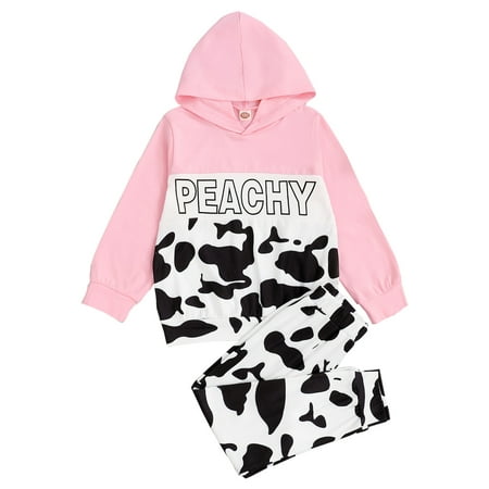 

2t Girl Clothes 12-24M Little Girl Outfits PEACHY Cow Print Hooded Long Sleeve Top Pants Set 2 PCS Set Sizes 2Y-7Y
