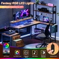 thumbnail image 2 of GUNAITO 70 inch Office Desk with LED Lights & Power Outlet Computer Desk with Fabric Drawer Gaming Desk with Monitor Stand Large Corner Desk with Double-layer Storage Shelf Rustic Brown, 2 of 8