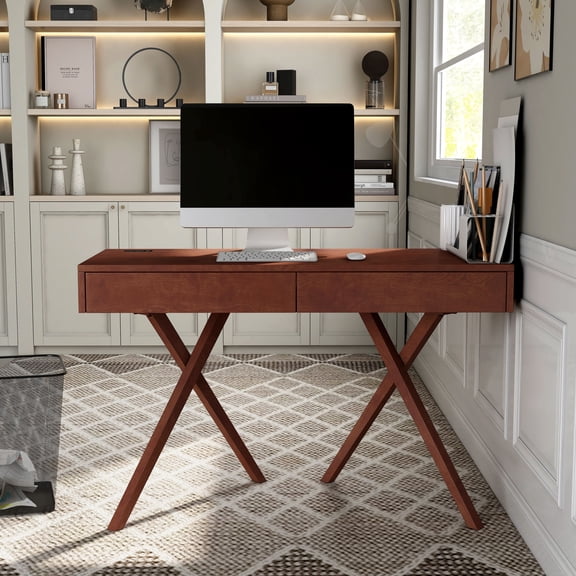 Foli 2-Drawer Solid Wood Writing Desk with USB Ports, Dark Cherry