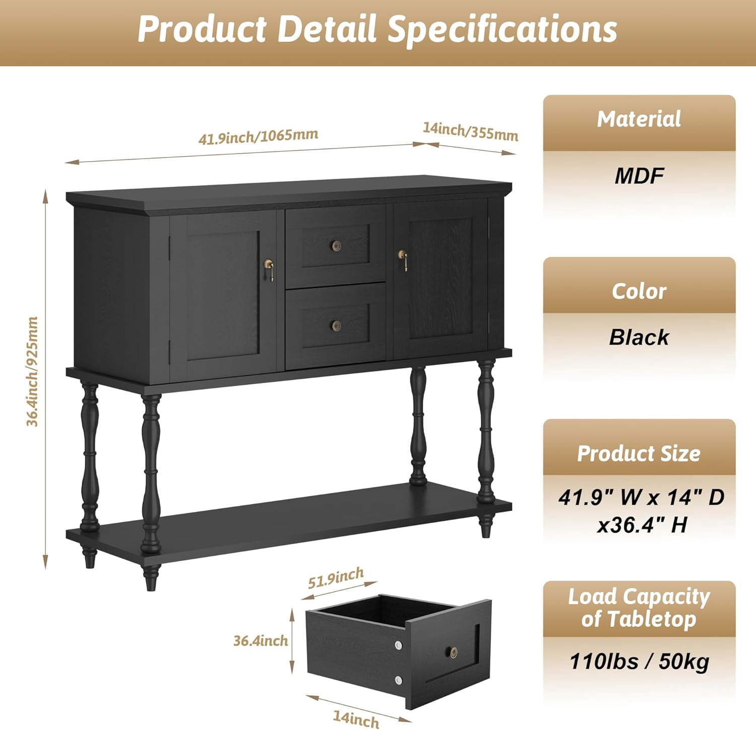 QinaQin Entryway Table with 2 Drawers,Vintage Console Table with Storage Shelf and 2 Doors,Farmhouse Buffet Sideboard Cabinet for Hallway,Entryway,Black