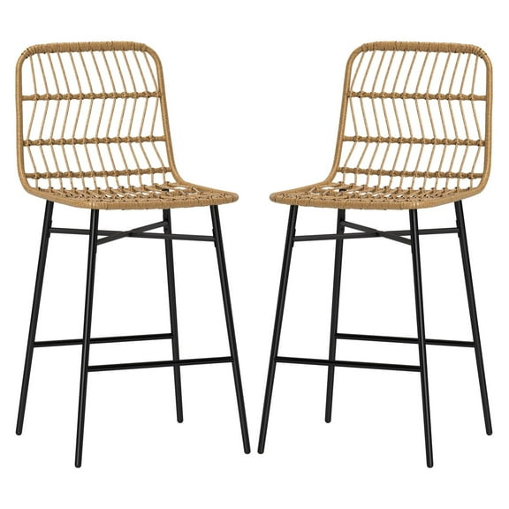 Rattan Counter Bar Stools Set of 2, 26" Counter Height Barstools with Back, Kitchen Island Chairs - Brown