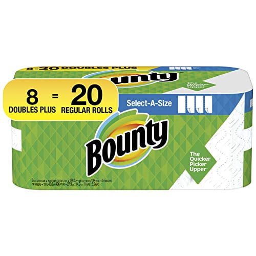 Bounty Essuie-Tout Select-A-Size, Blanc, 8 Rouleaux Doubles Plus 20 Rouleaux Réguliers (l'Emballage Peut Varier)
