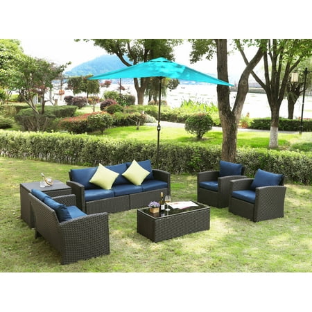 Superjoe 9 Pcs Outdoor Patio Furniture Set Wicker Patio Sectional Sofa Conversation Set with Storage Box Coffee Table Blue