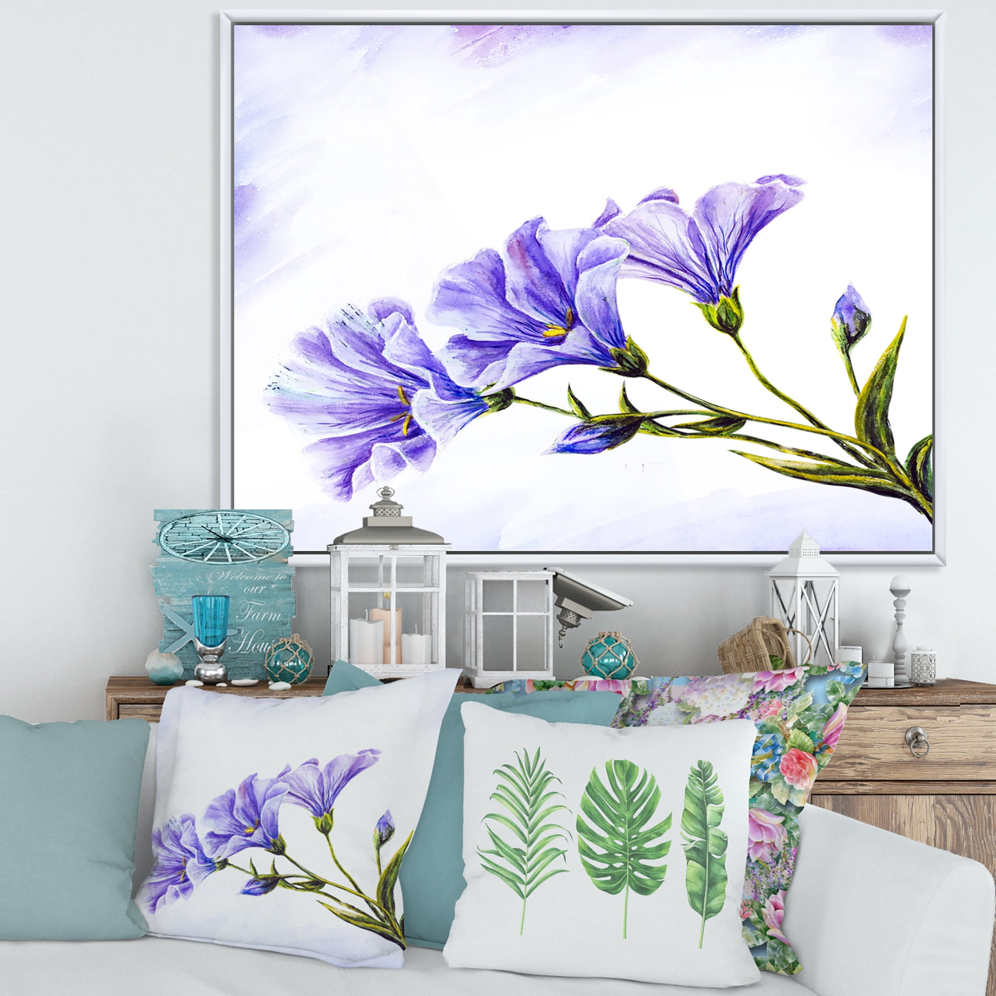 Blue Wildflowers With Leaves II 32 in x 24 in Framed Painting Canvas Art Print, by Designart