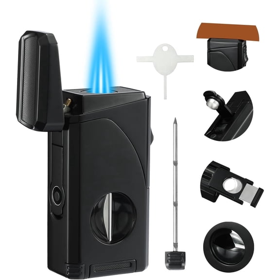 All in One Triple Jet Flame Butane Torch Lighter Built-in Cutter, Cutter V Cut, Punch, Holder Function, Draw Enhancer Tool, Refillable and Adjustable Windproof Lighter. Grey(Sold Without Gas) 