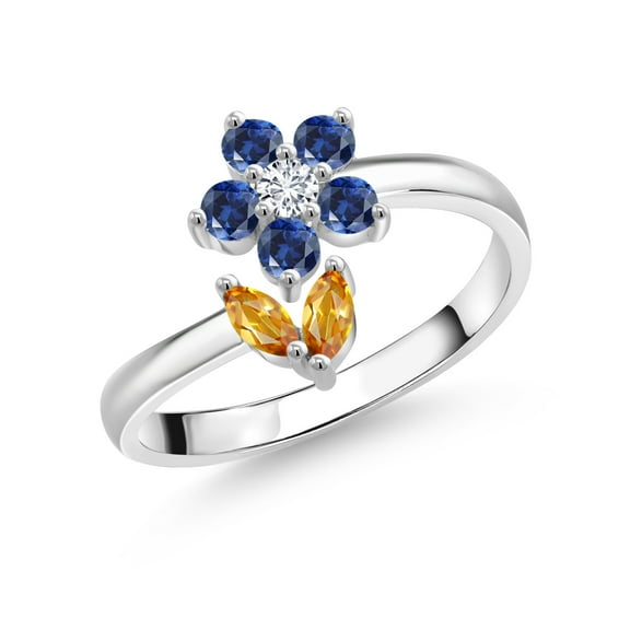 Gem Stone King 925 Sterling Silver Yellow Citrine Blue Created Sapphire and White Lab Grown Diamond Flower Open Ring for Women (0.44 Cttw, Gemstone November Birthstone, Size 7)