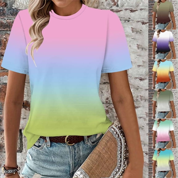 Asxite Womens Tops Short Sleeve Trendy Gradient Round Neck Casual Loose and Breathable Blouse
