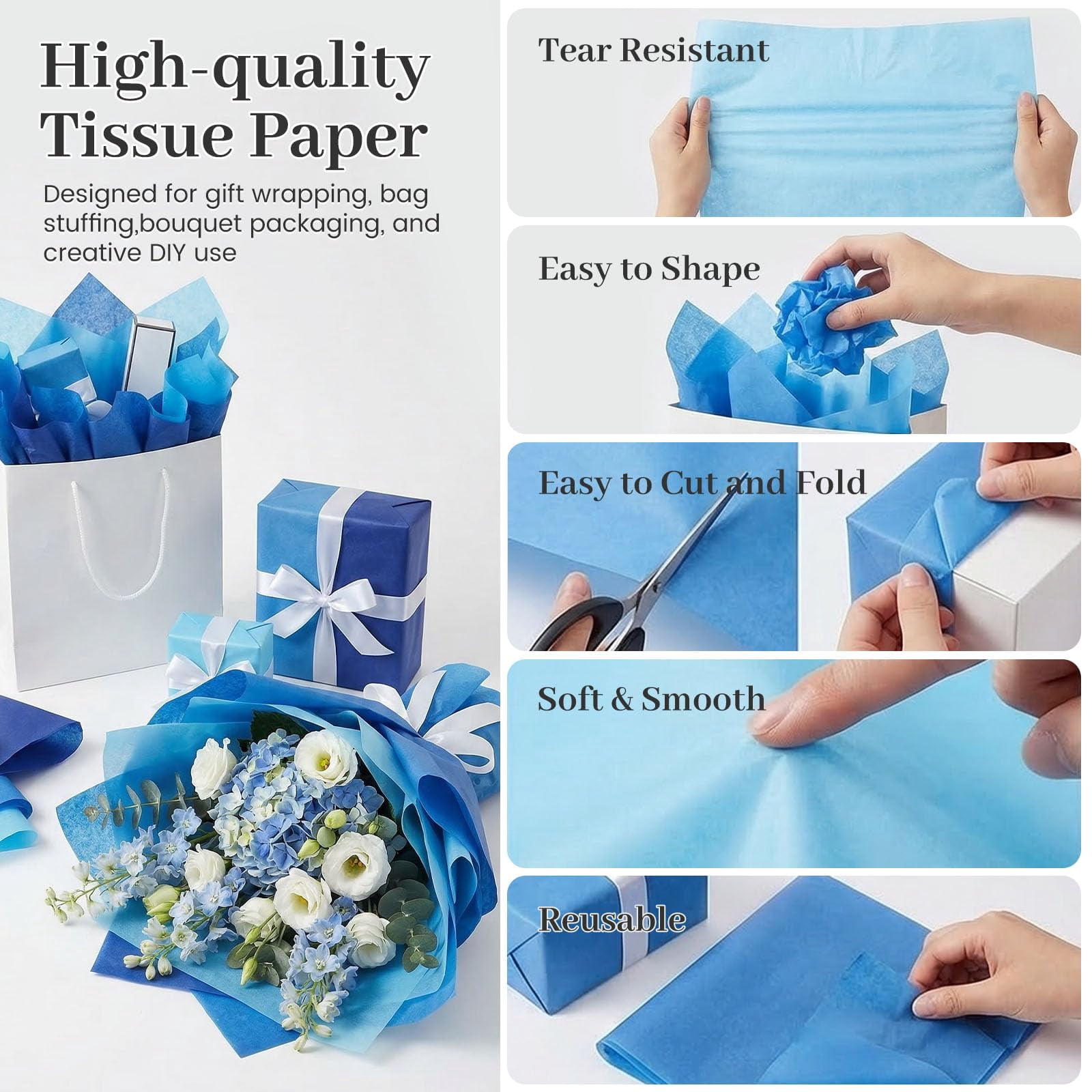 112 Sheets Tissue Paper – 20 x 14 Inch, for Gift Bags, Mother's Day, DIY Crafts, Gift Wrapping, Decor, Available in Blue, Brown, Green, Multi, Orange, Purple, Red, and White