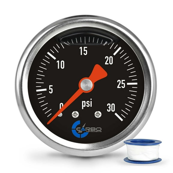 CARBO Instruments 1-1/2" Fuel Pressure Gauge, Stainless Steel Case 304, Chrome Plated BRASS Connection, Glycerin Filled, 0-30 Psi, Accuracy 3-2-3%, BACK Mount 1/8" NPT