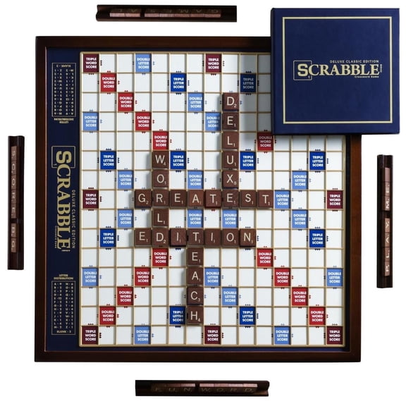 WS Game Company Scrabble Deluxe Edition with Rotating Mahogany Wooden Game Board