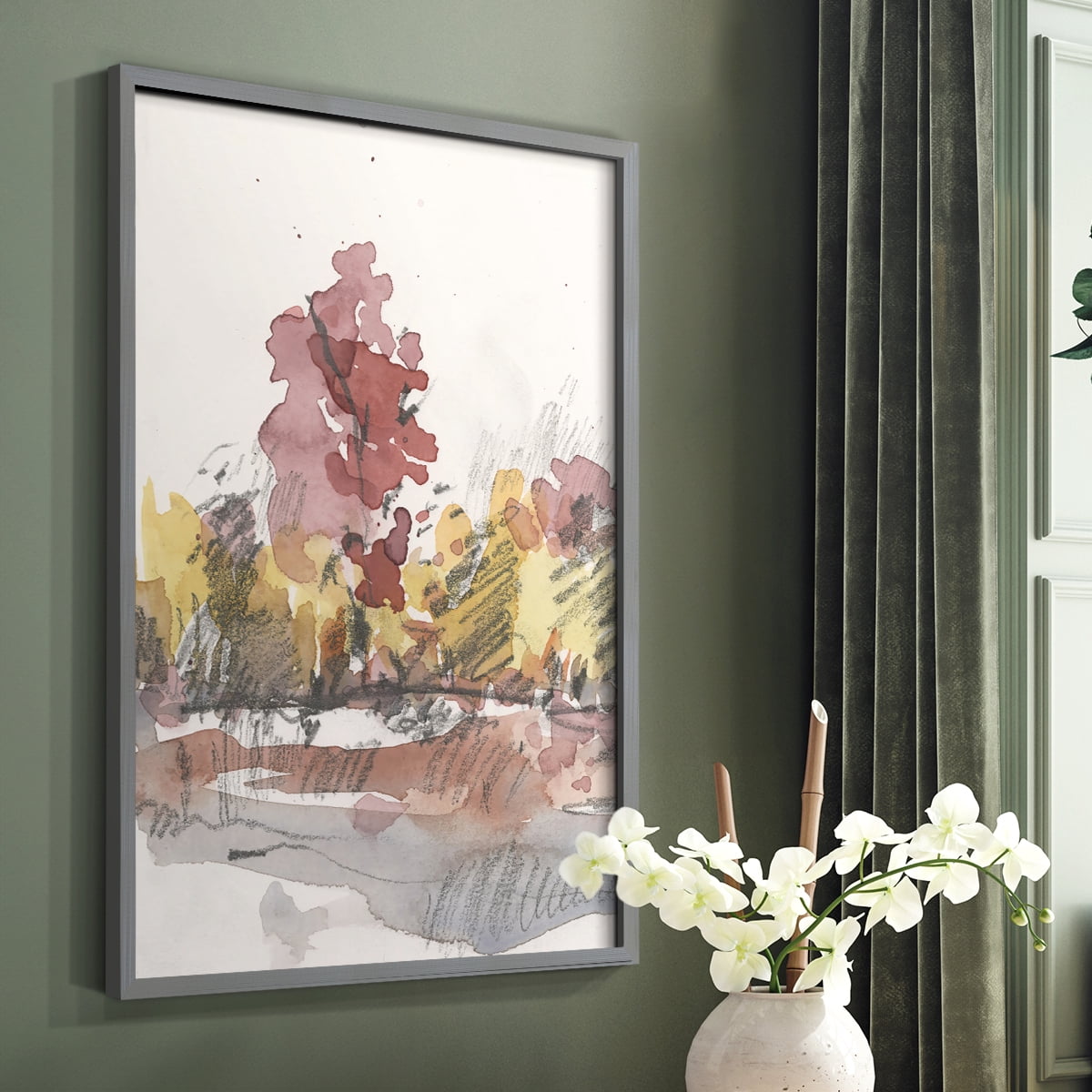 Watercolor Treeline Sketch I Framed Print in Gray Solid Wood 11 x 14 Framed Print
