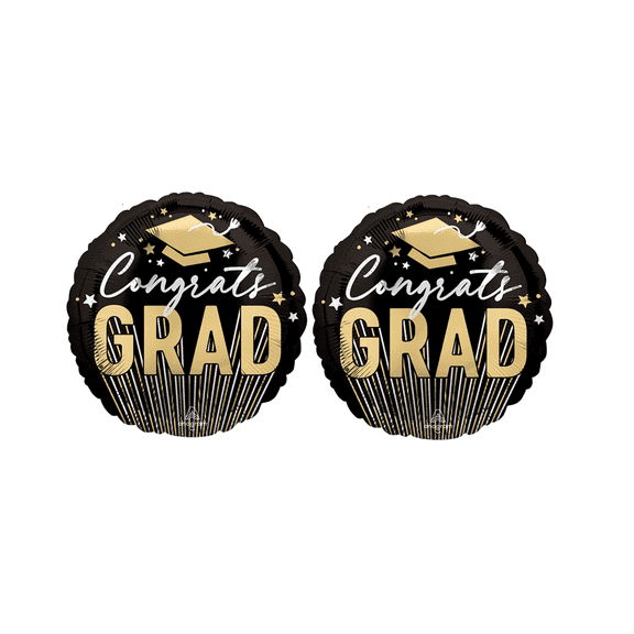 Anagram Congrats Grad Stripes & Stars Foil Mylar Balloon, 2 Pack, 18 Inch Round, Self Sealing, Black & Gold