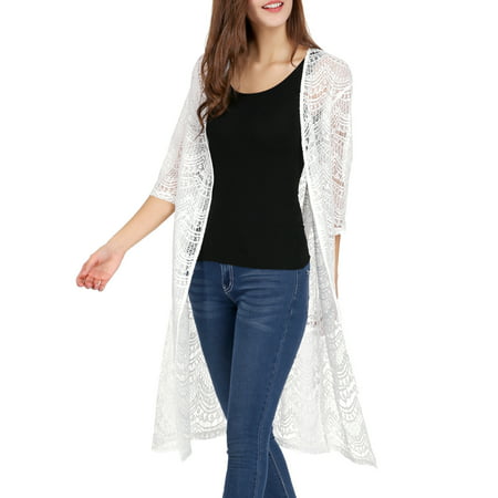Unique Bargains Women 3/4 Sleeves See Through Open Front Lace Cardigan ...