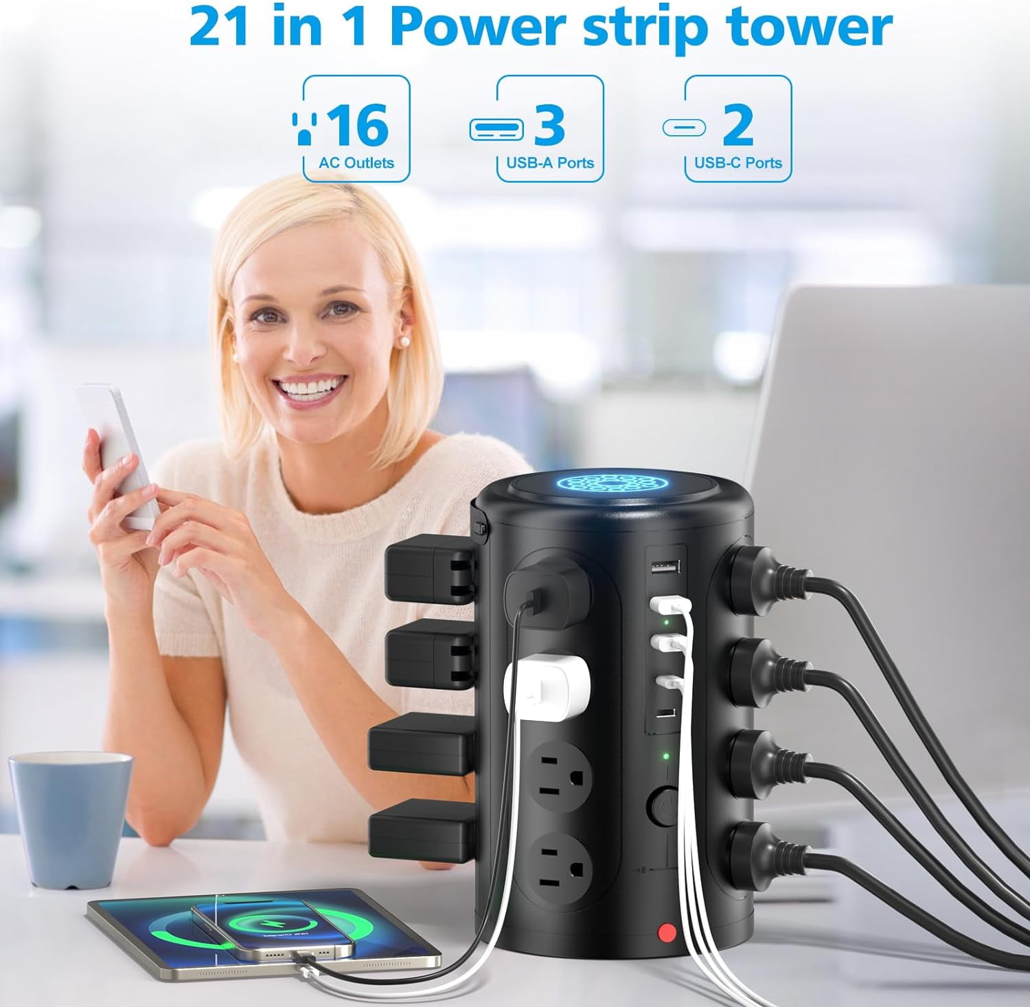 Surge Protector Tower with 16 Outlets and 5 USB Ports (2 USB-C), 10ft Extension Cord, 45° Flat Plug, Charging Station for Home, Office, Dorm Room Essentials (Black)