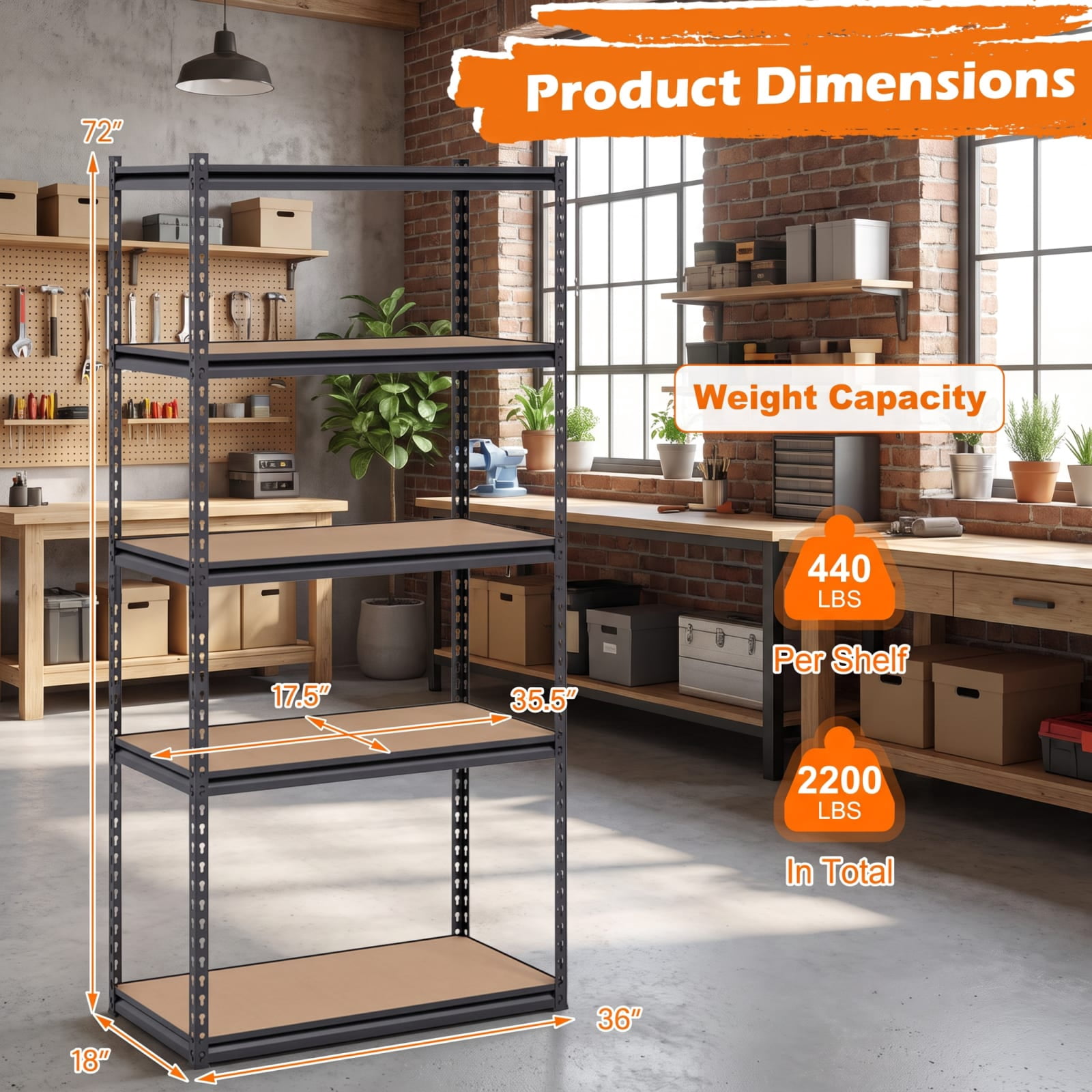 Biotree 5-Tier Metal Shelving Unit 2200 lbs Capacity with Adjustable Shelves 36" × 18" × 72" for Garage Warehouse, Black