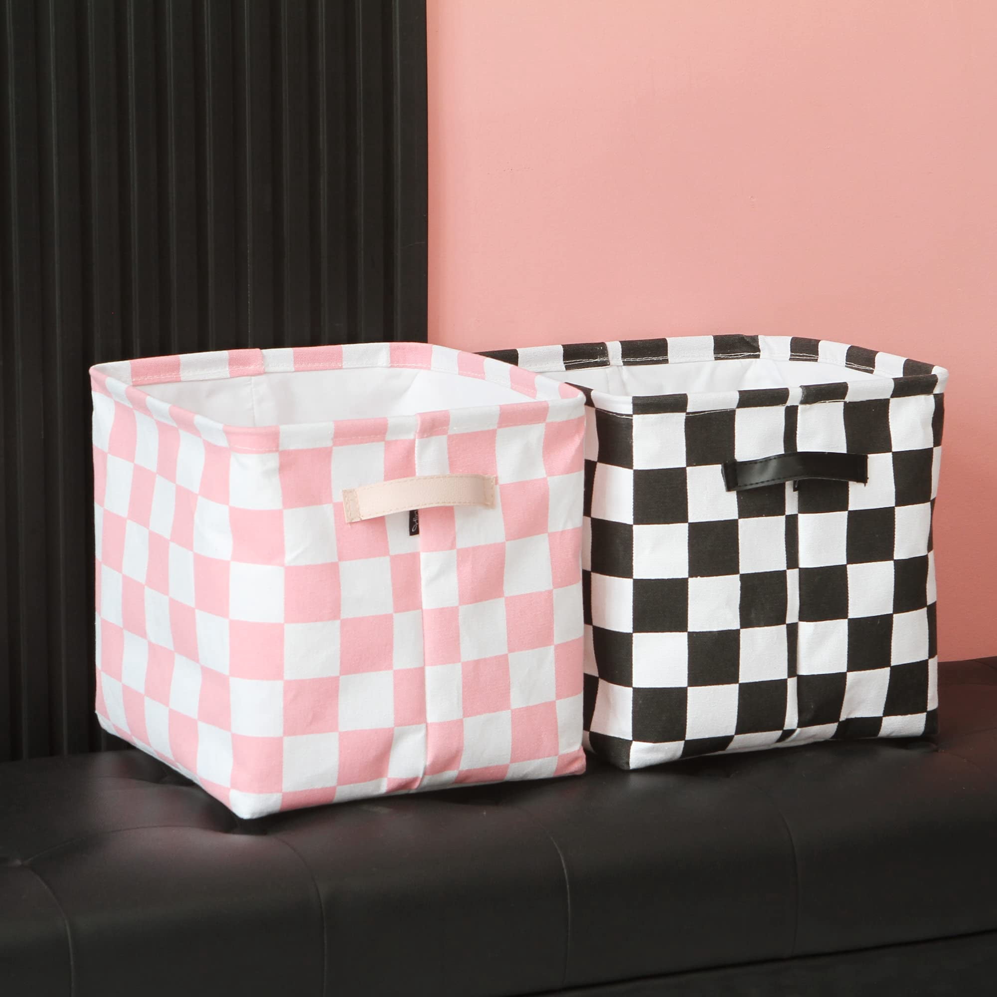 Hinwo 3-Pack Square Organizer Shelf Bins, Canvas Fabric Storage Baskets with Handles & Drawstring Cover, 22L Collapsible Storage Boxes, 11 x 11 x 11 Inches, Pink Checkerboard