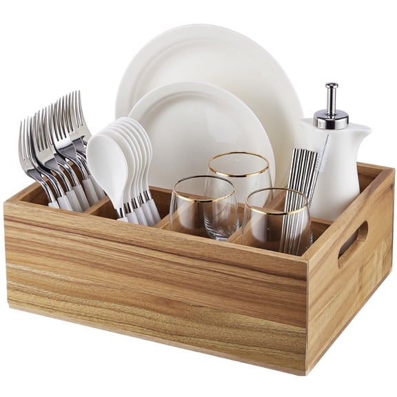 Ngardk Acacia Wood Utensil Holder, Silverware Caddy with 6 Compartments, Paper Plate Organizer for Countertop, Cutlery Holder for Kitchen, 11.0"X10.5"X3.7", Pack of 1, Natural Wood