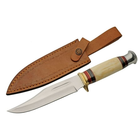 SZCO Supplies 11.5" Bone and Red Wood Handle Fixed Blade Outdoor Knife with Leather Sheath