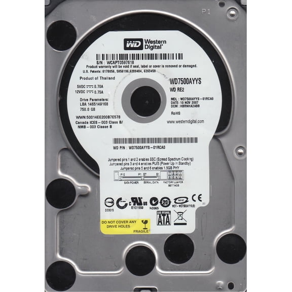 WD7500AYYS-01RCA0, DCM HBRNHA2ABB, Western Digital 750GB SATA 3.5 Hard Drive