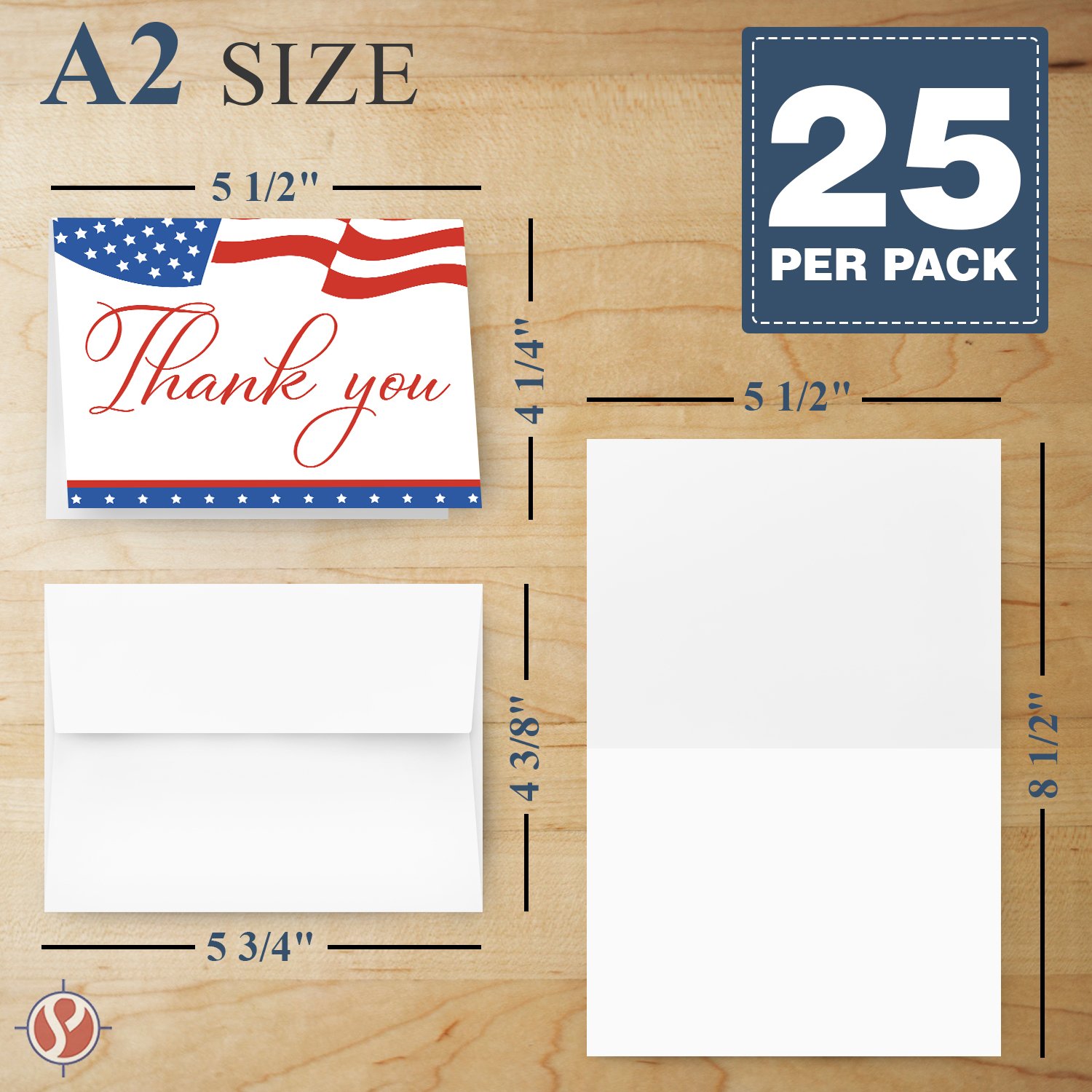 Patriotic Thank You Cards with Envelopes, American Flag July 4th USA Greeting Cards | A2 Size – 4.25 x 5.5” Cards When Folded | 80lb (216gsm) Cardstock | 25 Cards and 25 Envelopes Per Pack