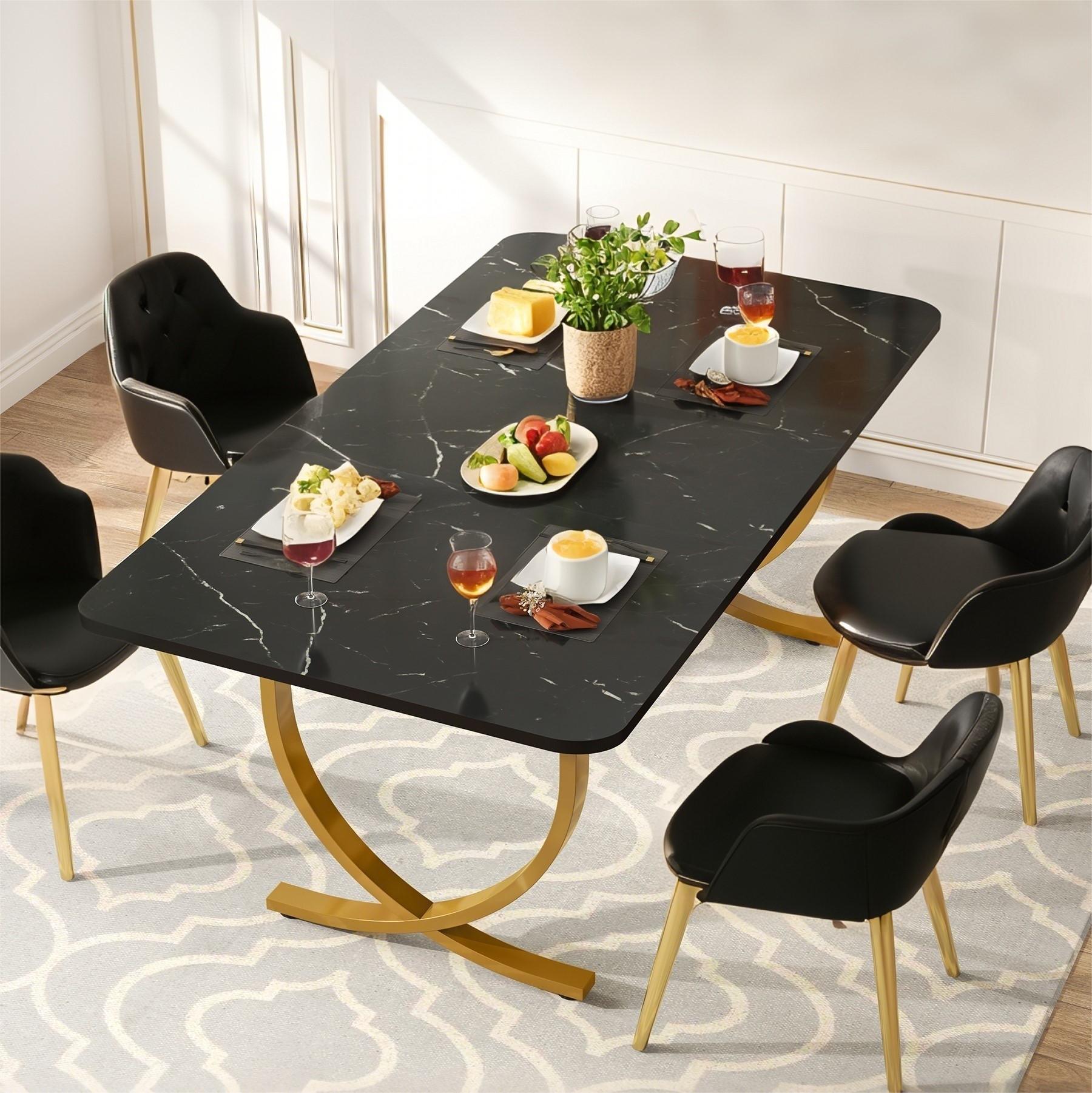 Fnova 63" Modern Long Dining Table for 6 people, Rectangular Faux Marble Kitchen Table with Metal Legsfor Dining Room, Black Gold